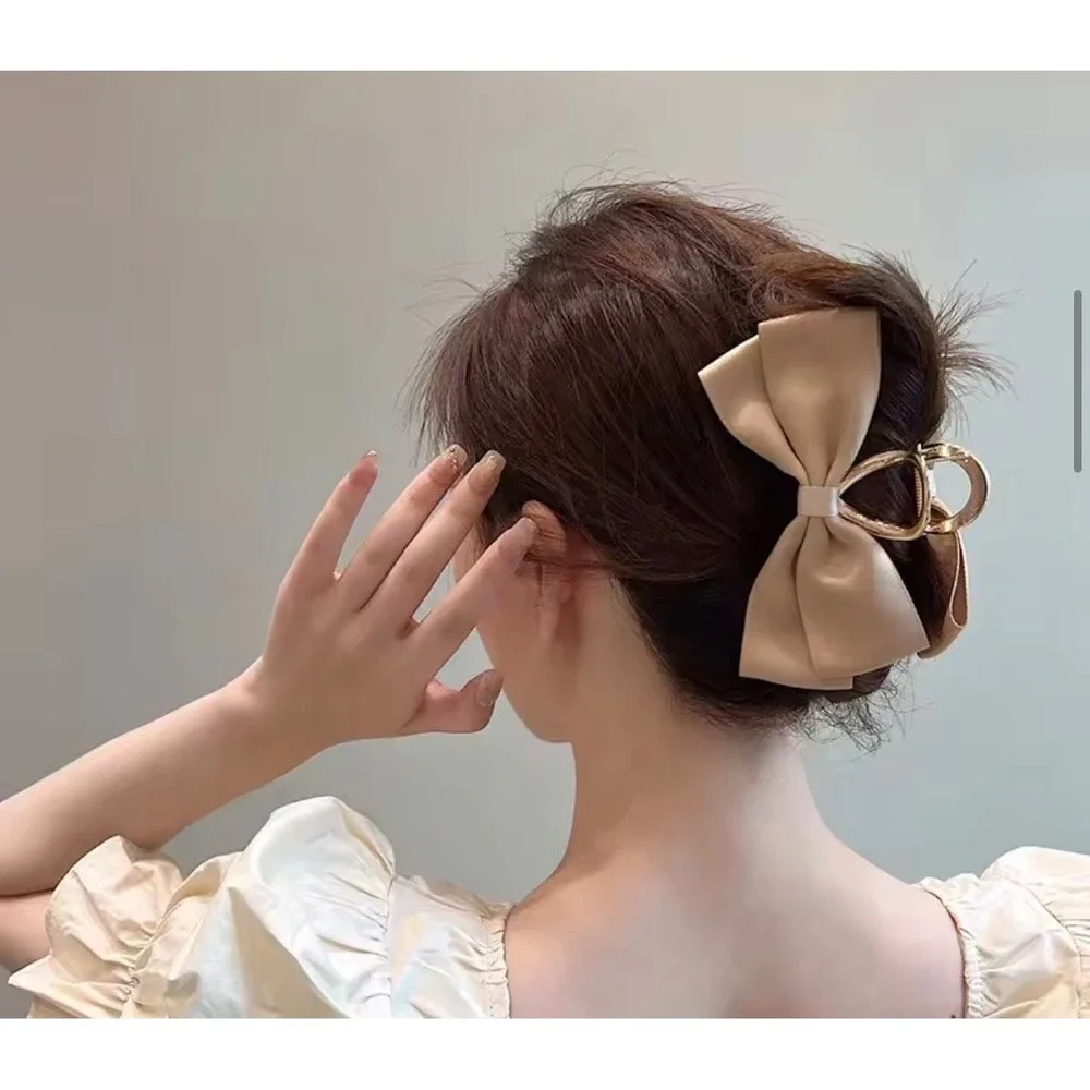Champagne Satin Ribbon Bow Gold Metal Hair Claw Clip Elegant Coquette Accessory